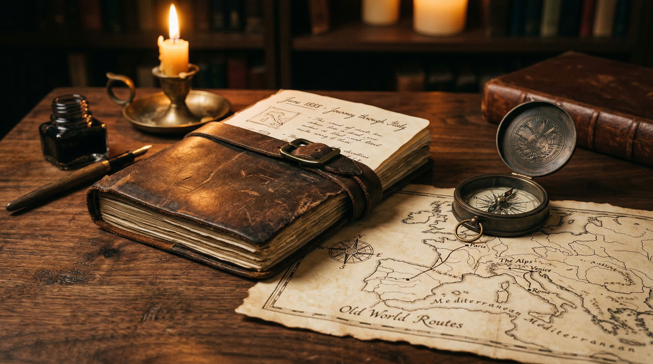 Journal de voyage en cuir et boussole antique