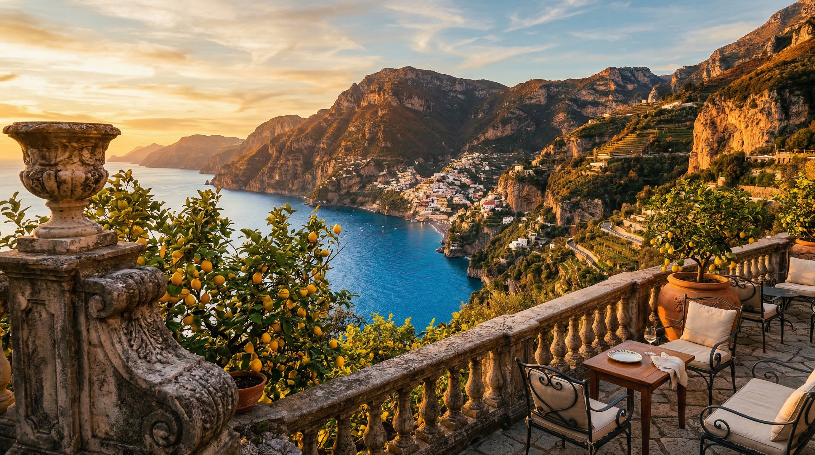 Vue de la côte Amalfitaine au coucher du soleil